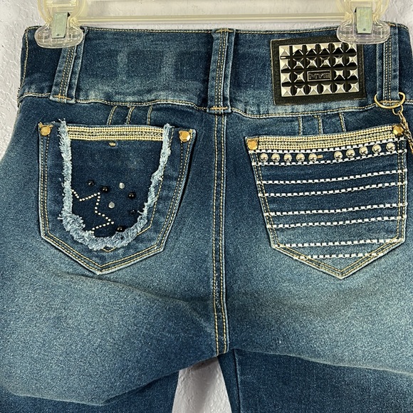 NYE Colombian made butt lifting star chain bling distressed jeans sz US 3 - Picture 5 of 13